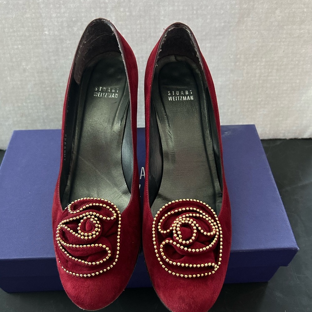 Stuart Weitzman - Dark Red Suede High Heels with Rose-like Accessory on Toe